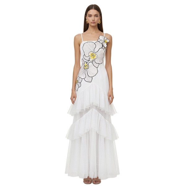 JW PEI Orchid Embroidered Ruffled Tulle Strapless Maxi Dress
