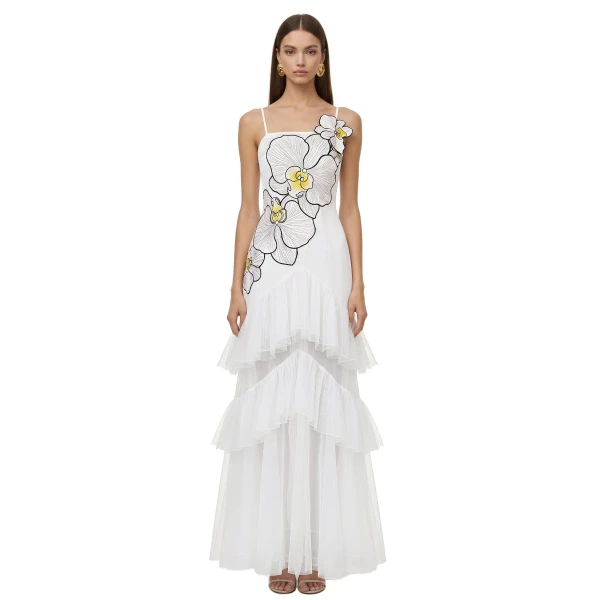 JW PEI Orchid Embroidered Ruffled Tulle Strapless Maxi Dress