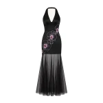 JW PEI Orchid Embroidered Sheer Hem Halter Maxi Dress