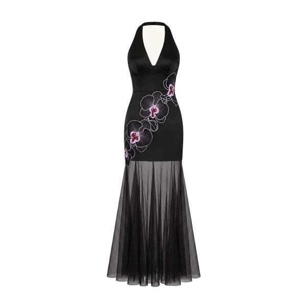 JW PEI Orchid Embroidered Sheer Hem Halter Maxi Dress