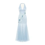 JW PEI Orchid Embroidered Sheer Hem Halter Maxi Dress