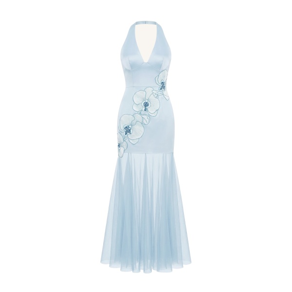 JW PEI Orchid Embroidered Sheer Hem Halter Maxi Dress