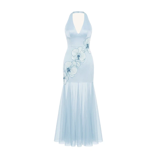 JW PEI Orchid Embroidered Sheer Hem Halter Maxi Dress