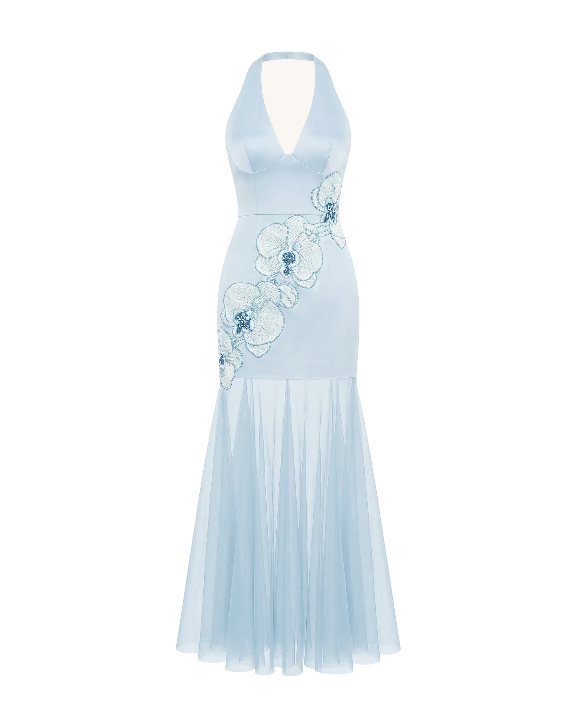 JW PEI maxi dress | Los Angeles Vegan Fashion Dresses | Luxury Shoes JW PEI Orchid Embroidered Sheer Hem Halter Maxi Dress