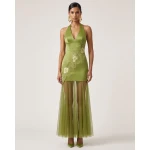 JW PEI Orchid Embroidered Sheer Hem Halter Maxi Dress