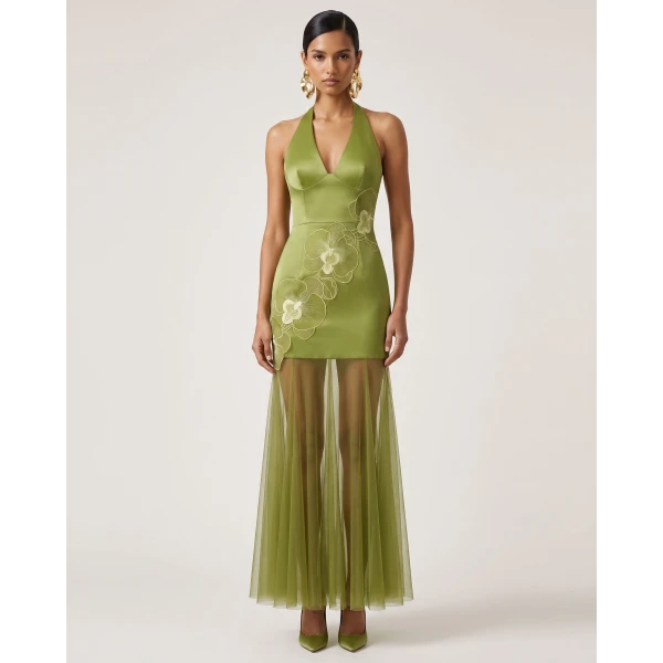 JW PEI Orchid Embroidered Sheer Hem Halter Maxi Dress