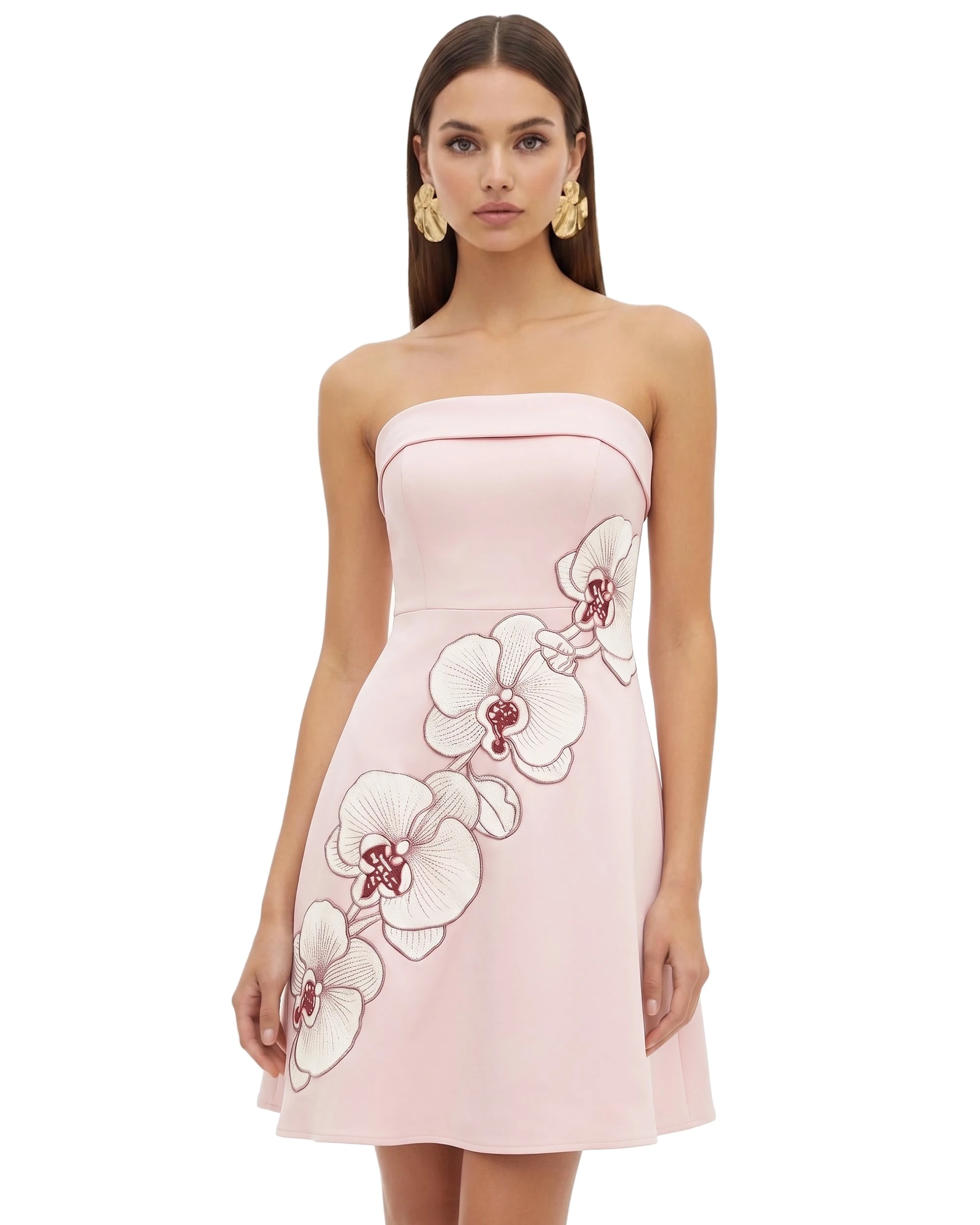 JW PEI midi dress | Los Angeles Vegan Fashion Dresses | Luxury Shoes JW PEI Orchid Embroidered Strapless A-Line Midi Dress