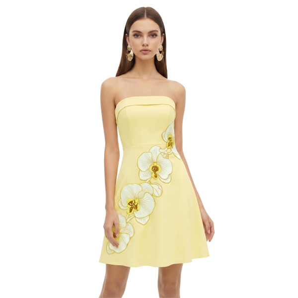 JW PEI Orchid Embroidered Strapless A-Line Midi Dress