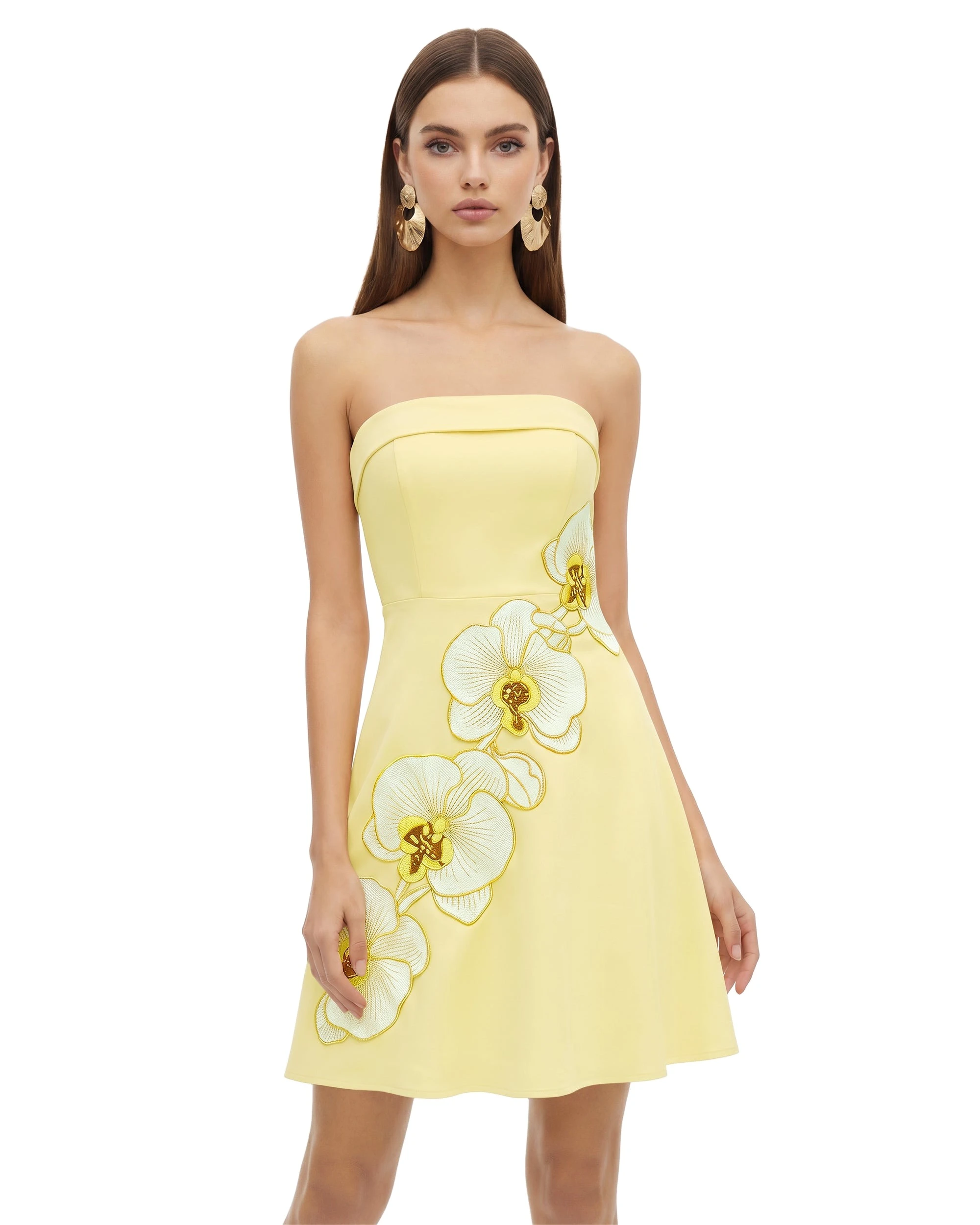 JW PEI midi dress | Los Angeles Vegan Fashion Dresses | Luxury Shoes JW PEI Orchid Embroidered Strapless A-Line Midi Dress