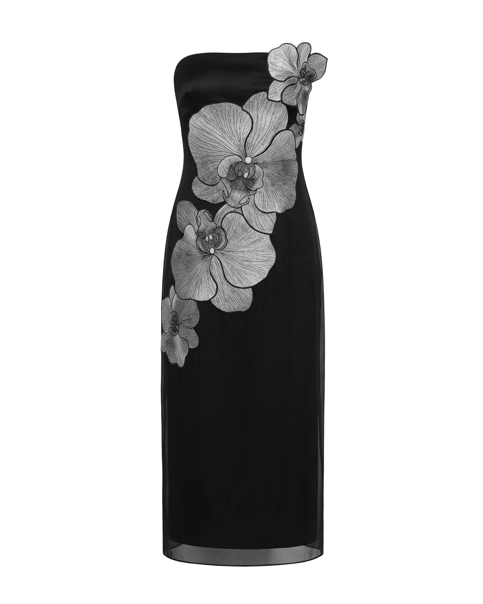 JW PEI midi dress | Los Angeles Vegan Fashion Dresses | Luxury Shoes JW PEI Orchid Embroidered Strapless Column Midi Dress