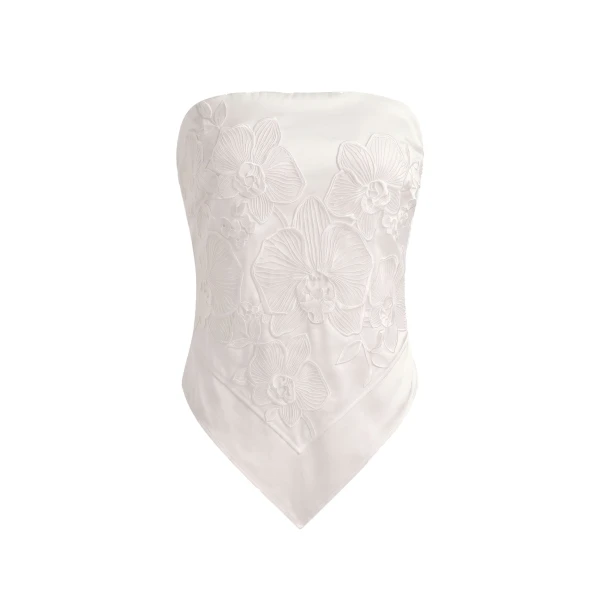 Orchid Embroidered Strapless Handkerchief Top in White
