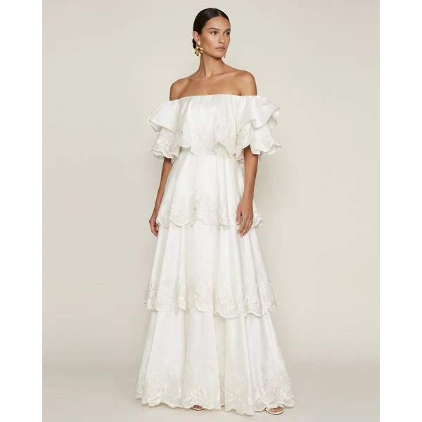 JW PEI Orchid Embroidered Tiered Off-Shoulder Maxi Dress