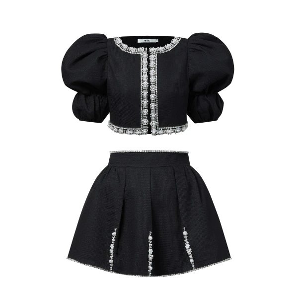 Pearl-Embellished Tweed Set in Black