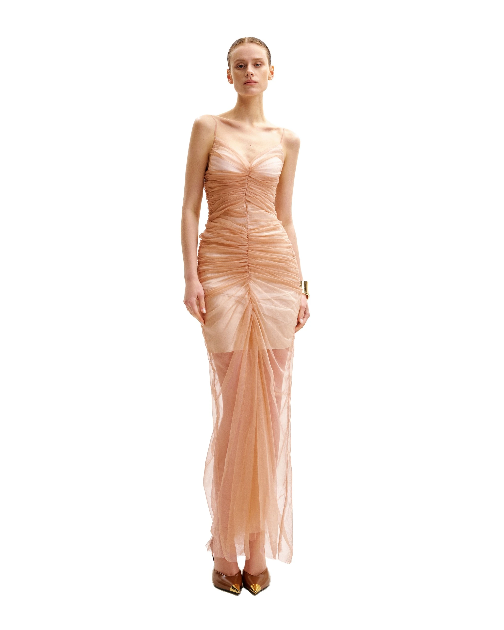 JW PEI gown | Los Angeles Vegan Fashion Dresses | Luxury Shoes JW PEI Piper Draped Mesh Evening Gown