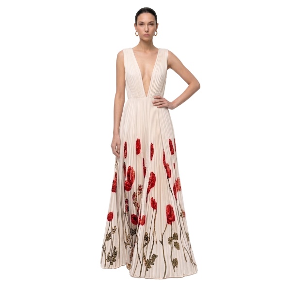 JW PEI Printed Corn Poppy Plissé Plunge Maxi Dress