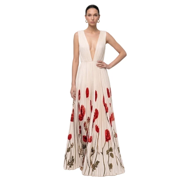 JW PEI Printed Corn Poppy Plissé Plunge Maxi Dress