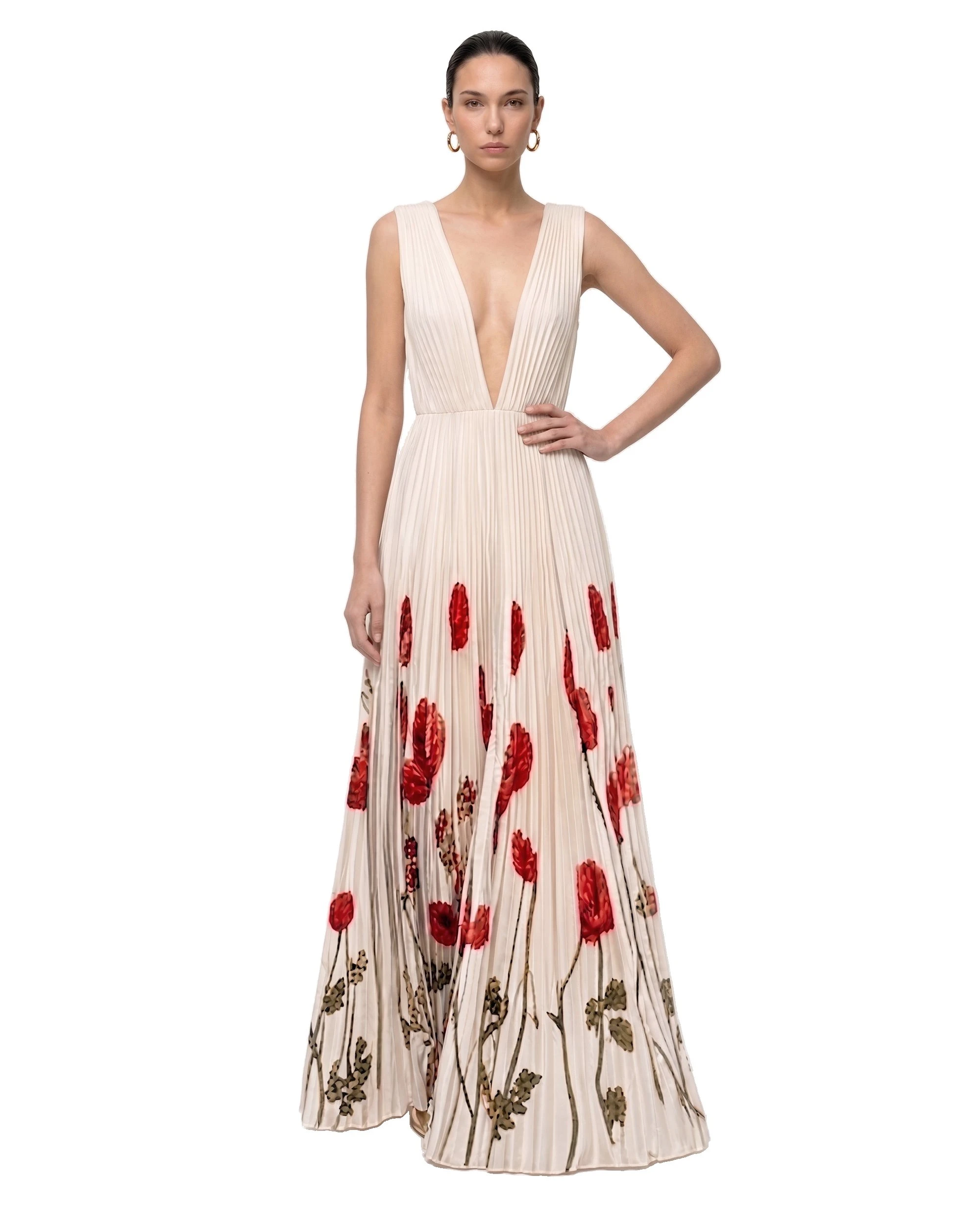 JW PEI maxi dress | Los Angeles Vegan Fashion Dresses | Luxury Shoes JW PEI Printed Corn Poppy Plissé Plunge Maxi Dress