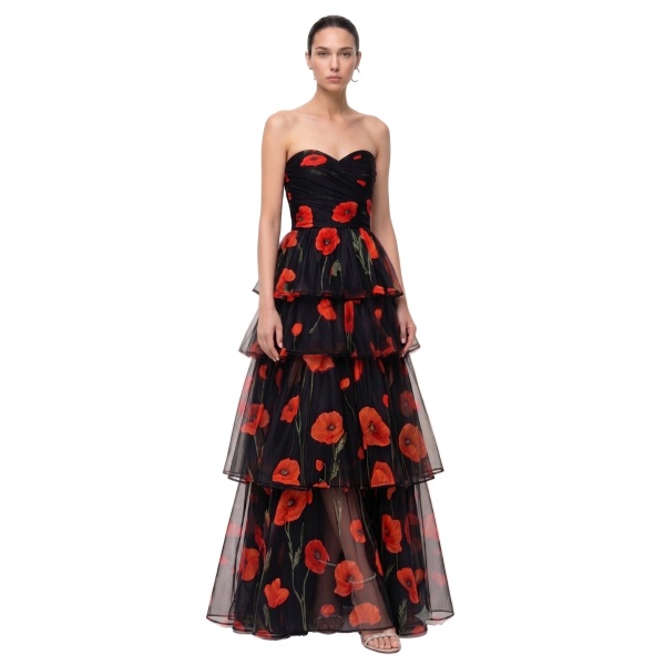 JW PEI Printed Corn Poppy Tiered Tulle Strapless Maxi Dress