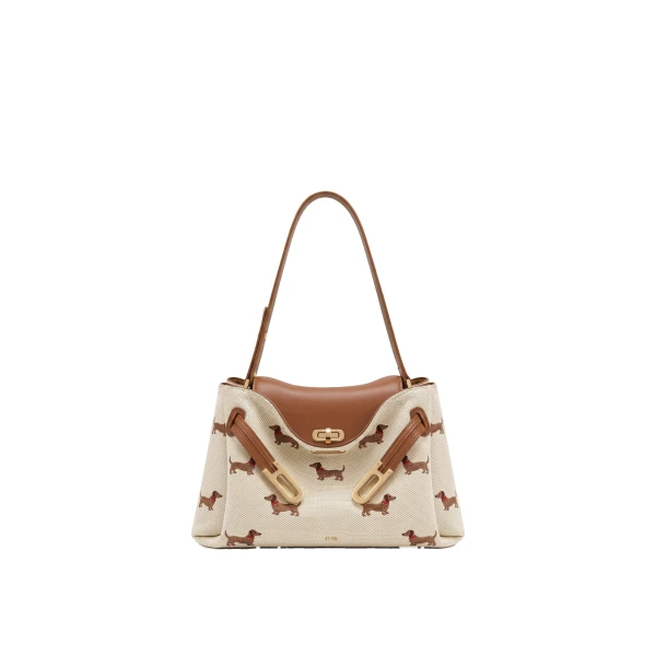 JW PEI Rhea Dachshund Embroidered Double Buckle Shoulder Bag in Brown Canvas
