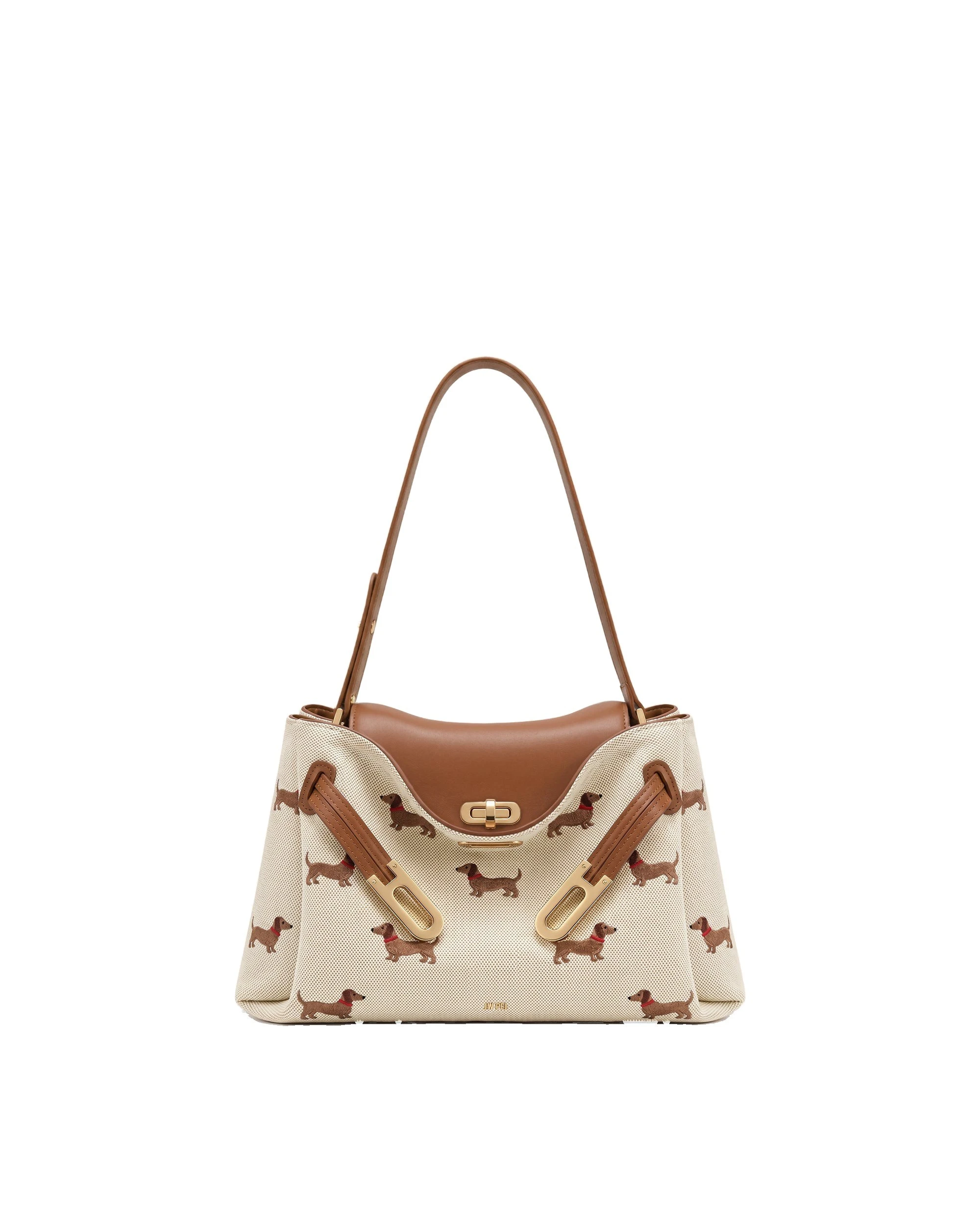 JW PEI Rhea Dachshund Embroidered Double Buckle Shoulder Bag in Brown Canvas | Shoulder & Crossbody Bags | Luxury Shoes JW PEI Rhea Dachshund Embroidered Double Buckle Shoulder Bag in Brown Canvas