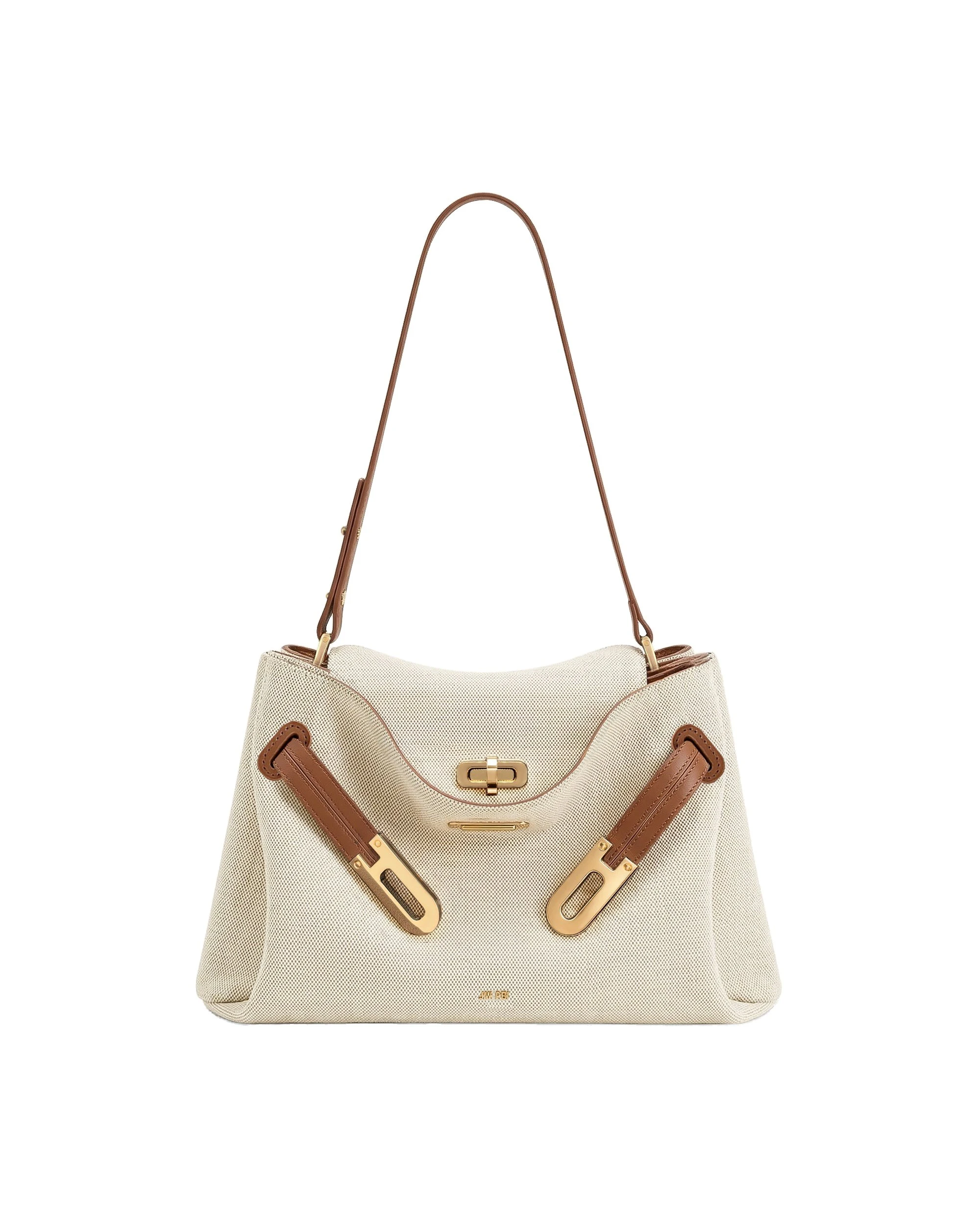 JW PEI Rhea Double Buckle Shoulder Bag in Brown Canvas | Shoulder & Crossbody Bags | Luxury Shoes JW PEI Rhea Double Buckle Shoulder Bag in Brown Canvas