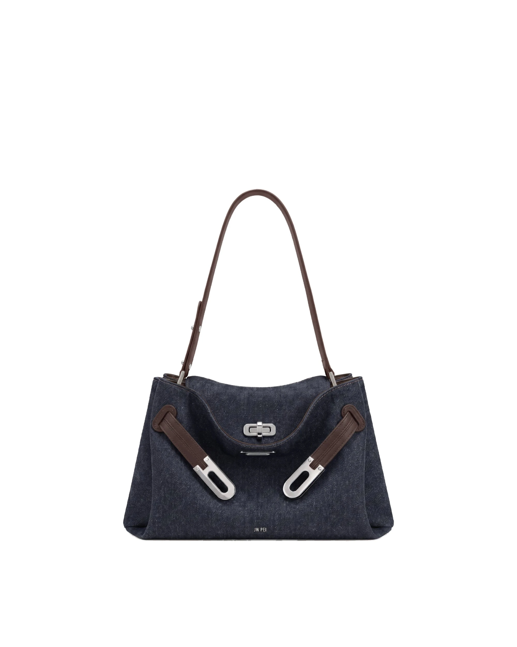 JW PEI Rhea Double Buckle Shoulder Bag in Ink Blue Denim | Shoulder & Crossbody Bags | Luxury Shoes JW PEI Rhea Double Buckle Shoulder Bag in Ink Blue Denim