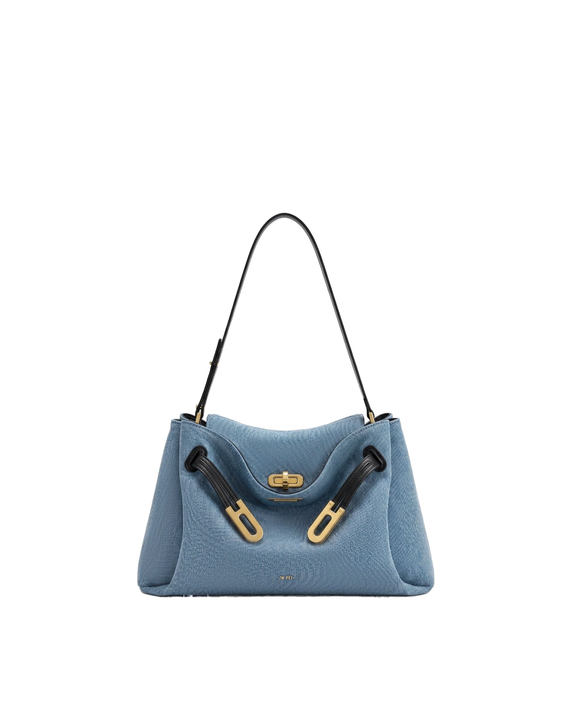 JW PEI Rhea Double Buckle Shoulder Bag in Light Blue Denim | Shoulder & Crossbody Bags | Luxury Shoes JW PEI Rhea Double Buckle Shoulder Bag in Light Blue Denim