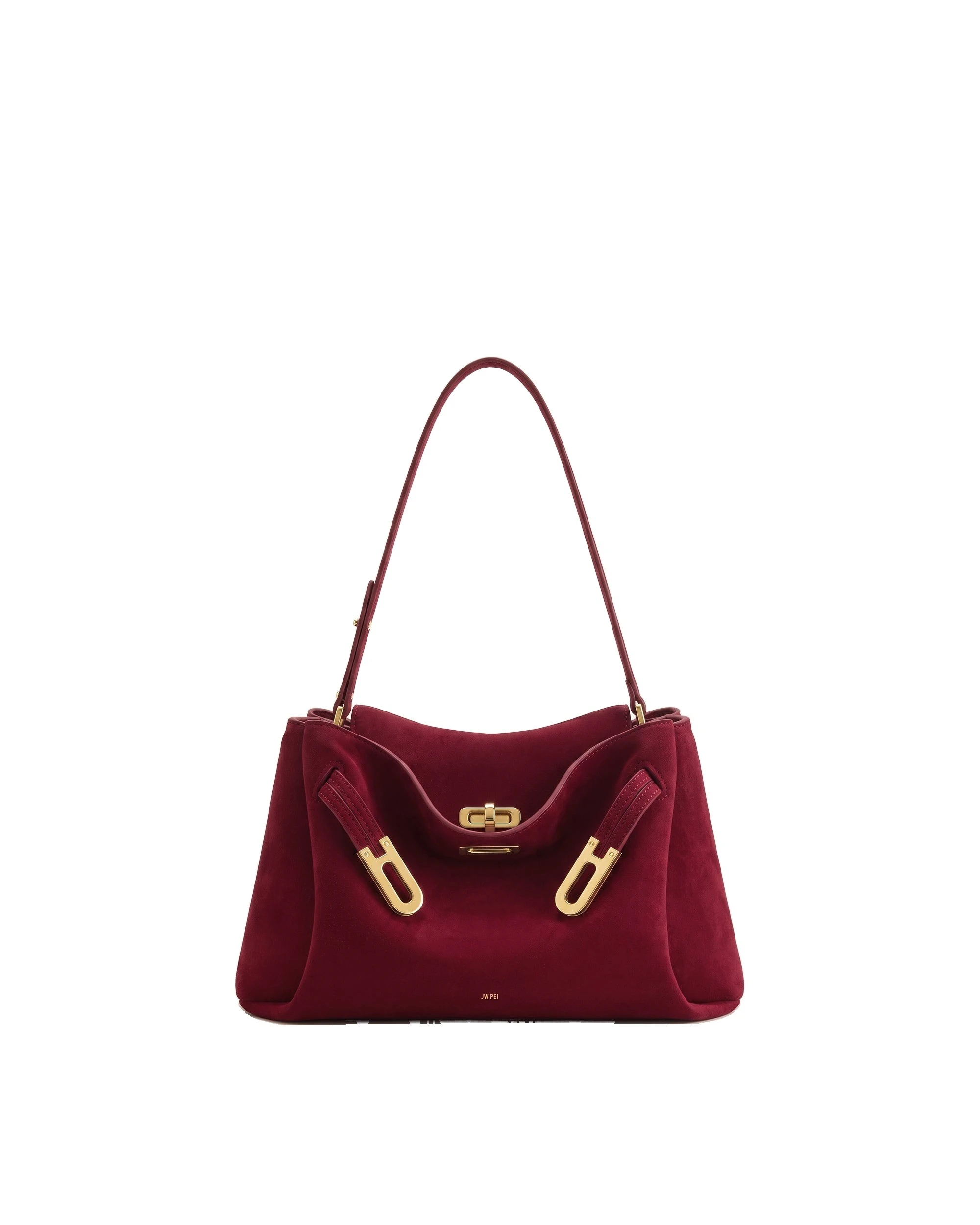 JW PEI Rhea Faux Suede Double Buckle Shoulder Bag in Cinnabar Red | Shoulder & Crossbody Bags | Luxury Shoes JW PEI Rhea Faux Suede Double Buckle Shoulder Bag in Cinnabar Red