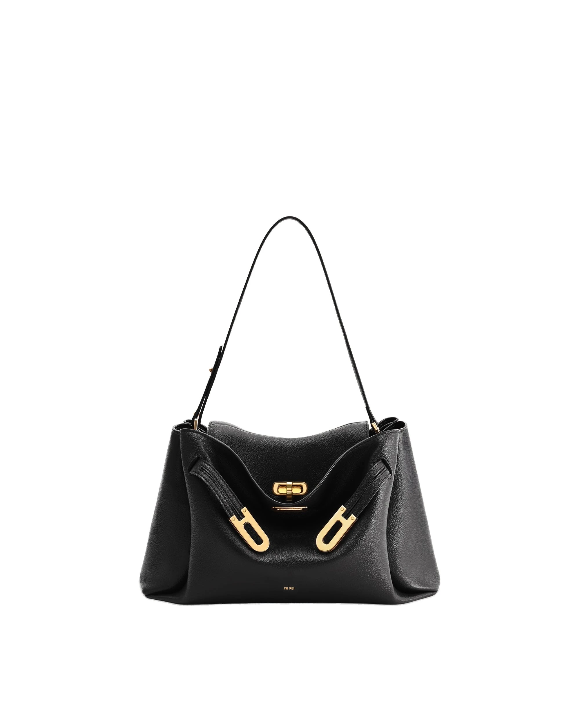 JW PEI Rhea Pebbled Double Buckle Shoulder Bag in Black | Shoulder & Crossbody Bags | Luxury Shoes JW PEI Rhea Pebbled Double Buckle Shoulder Bag in Black