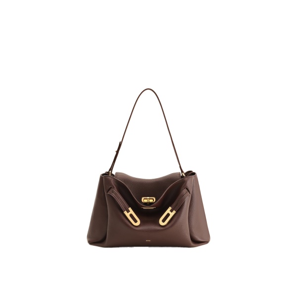 JW PEI Rhea Pebbled Double Buckle Shoulder Bag in Dark Brown