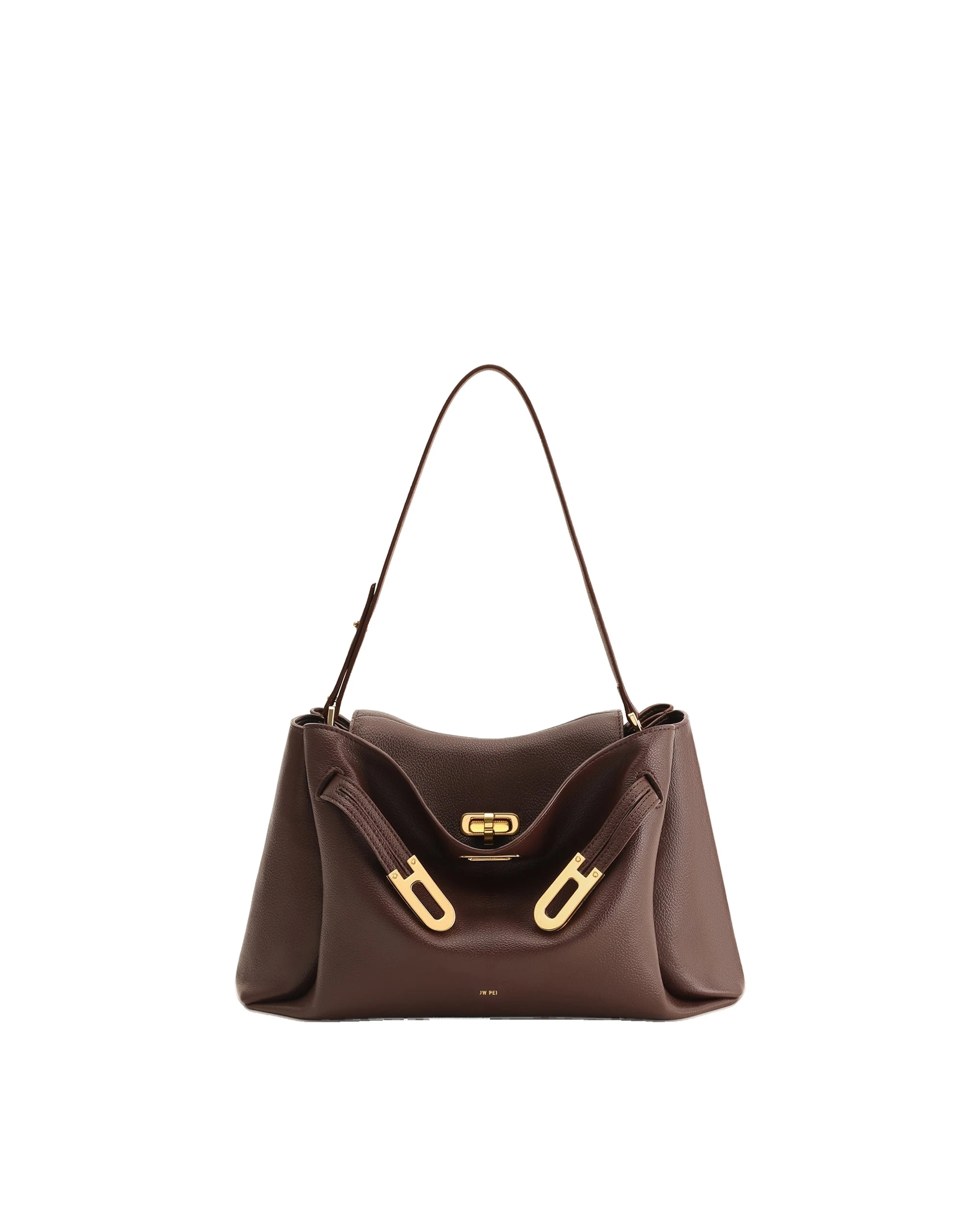 JW PEI Rhea Pebbled Double Buckle Shoulder Bag in Dark Brown | Shoulder & Crossbody Bags | Luxury Shoes JW PEI Rhea Pebbled Double Buckle Shoulder Bag in Dark Brown