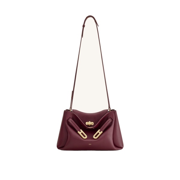 JW PEI Rhea Pebbled Double Buckle Shoulder Bag in Dark Burgundy