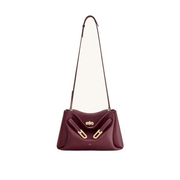 JW PEI Rhea Pebbled Double Buckle Shoulder Bag in Dark Burgundy