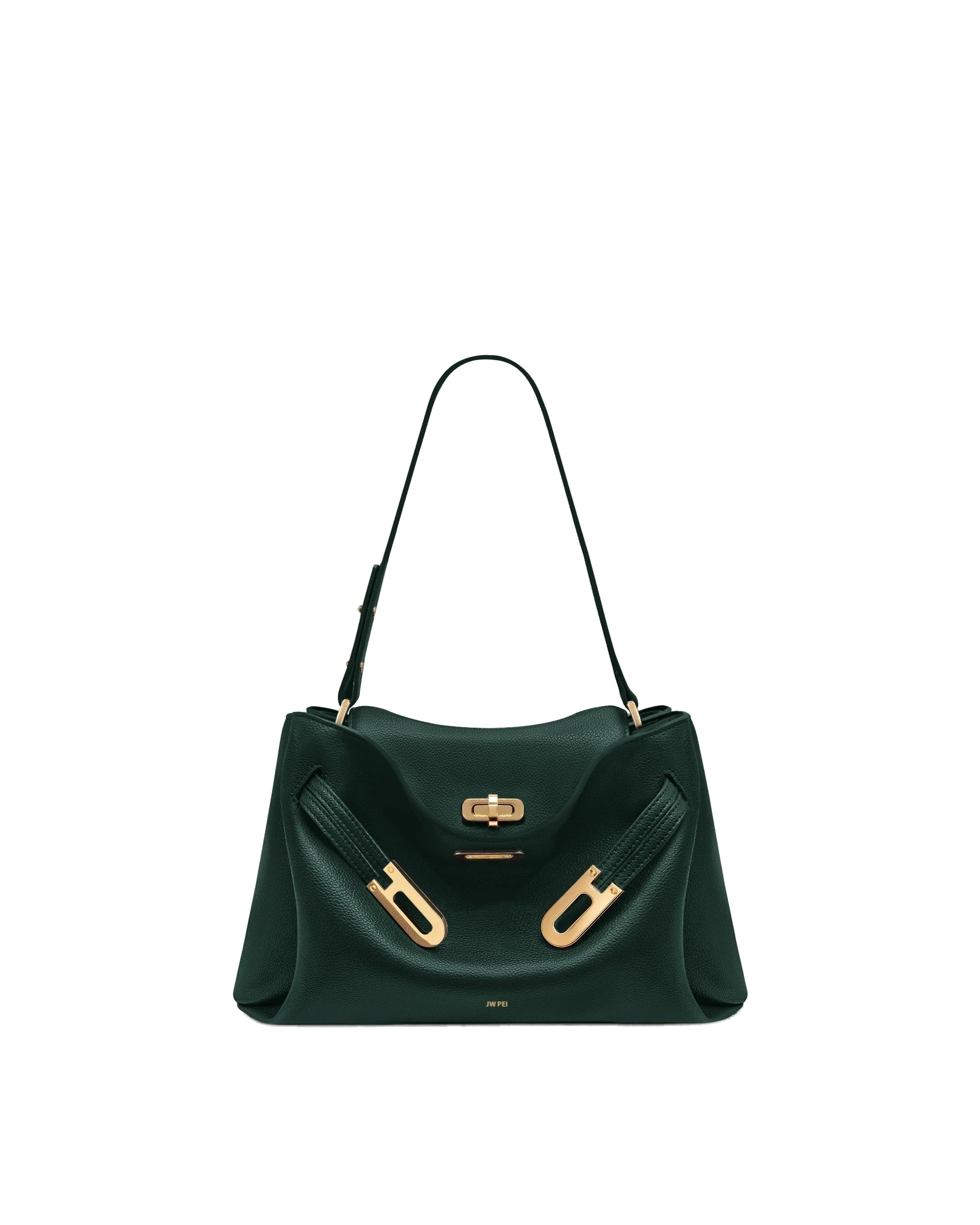 JW PEI Rhea Pebbled Double Buckle Shoulder Bag in Dark Green | Shoulder & Crossbody Bags | Luxury Shoes JW PEI Rhea Pebbled Double Buckle Shoulder Bag in Dark Green