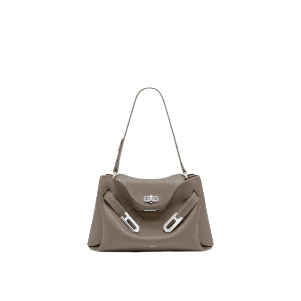 JW PEI Rhea Pebbled Double Buckle Shoulder Bag in Khaki Gray