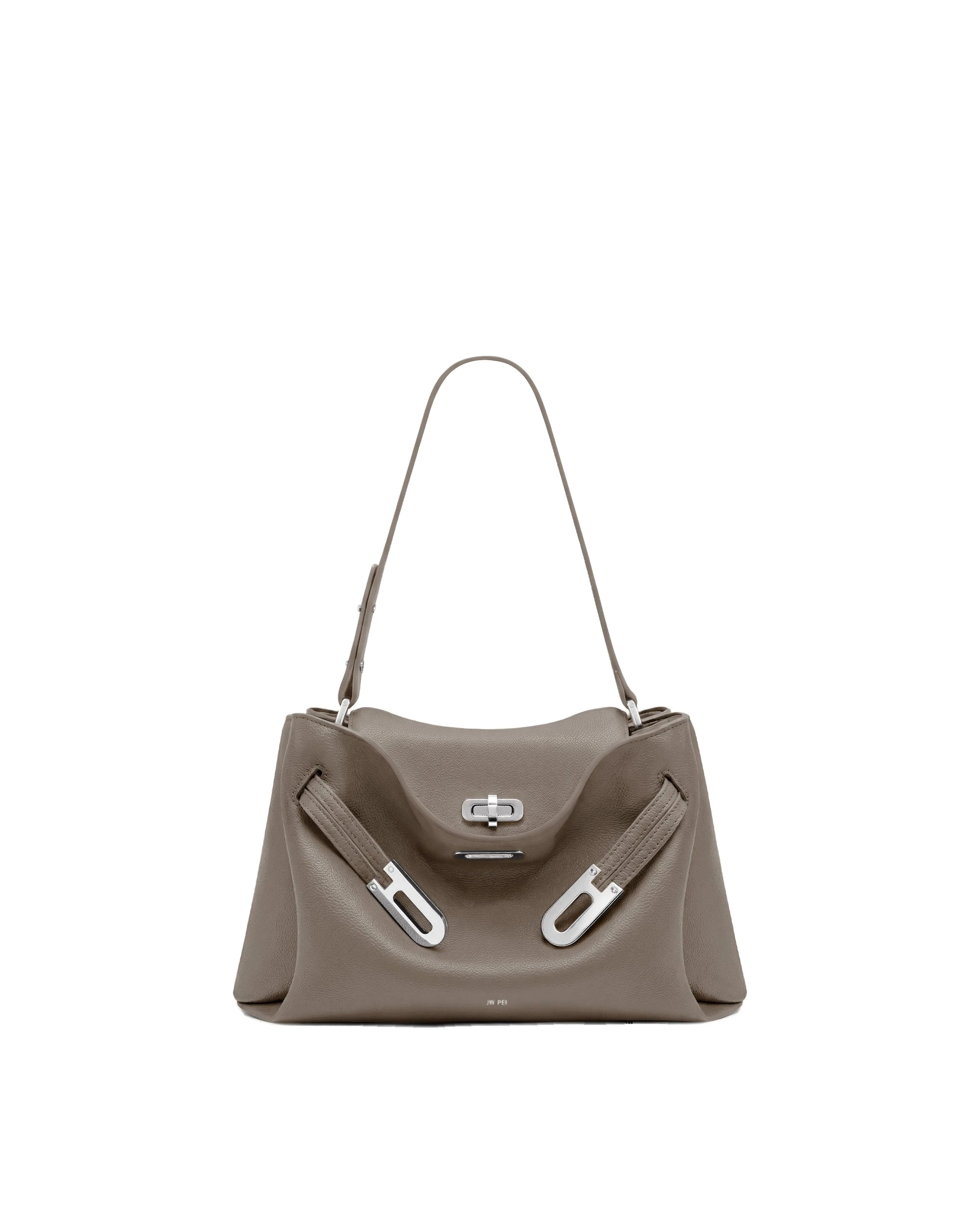 JW PEI Rhea Pebbled Double Buckle Shoulder Bag in Khaki Gray | Shoulder & Crossbody Bags | Luxury Shoes JW PEI Rhea Pebbled Double Buckle Shoulder Bag in Khaki Gray