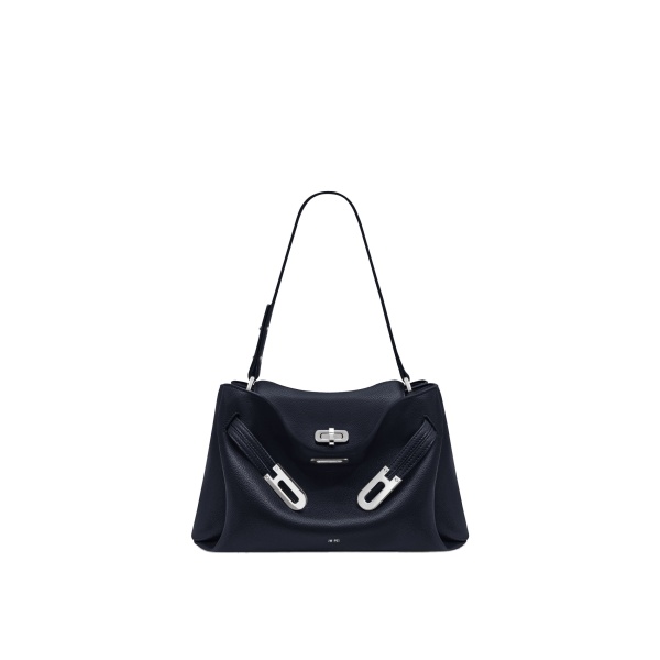 JW PEI Rhea Pebbled Double Buckle Shoulder Bag in Navy Blue
