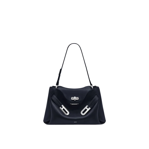 JW PEI Rhea Pebbled Double Buckle Shoulder Bag in Navy Blue