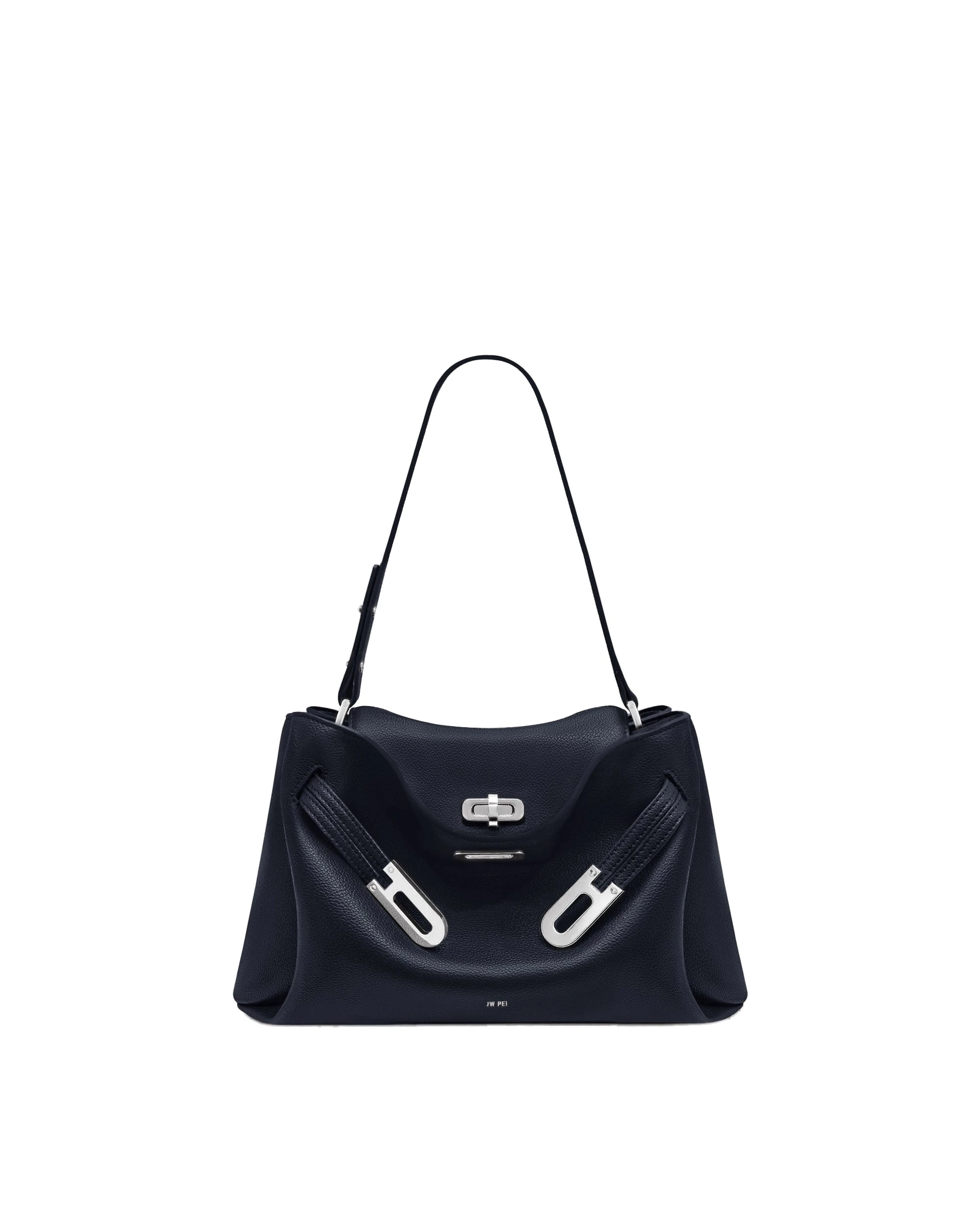 JW PEI Rhea Pebbled Double Buckle Shoulder Bag in Navy Blue | Shoulder & Crossbody Bags | Luxury Shoes JW PEI Rhea Pebbled Double Buckle Shoulder Bag in Navy Blue
