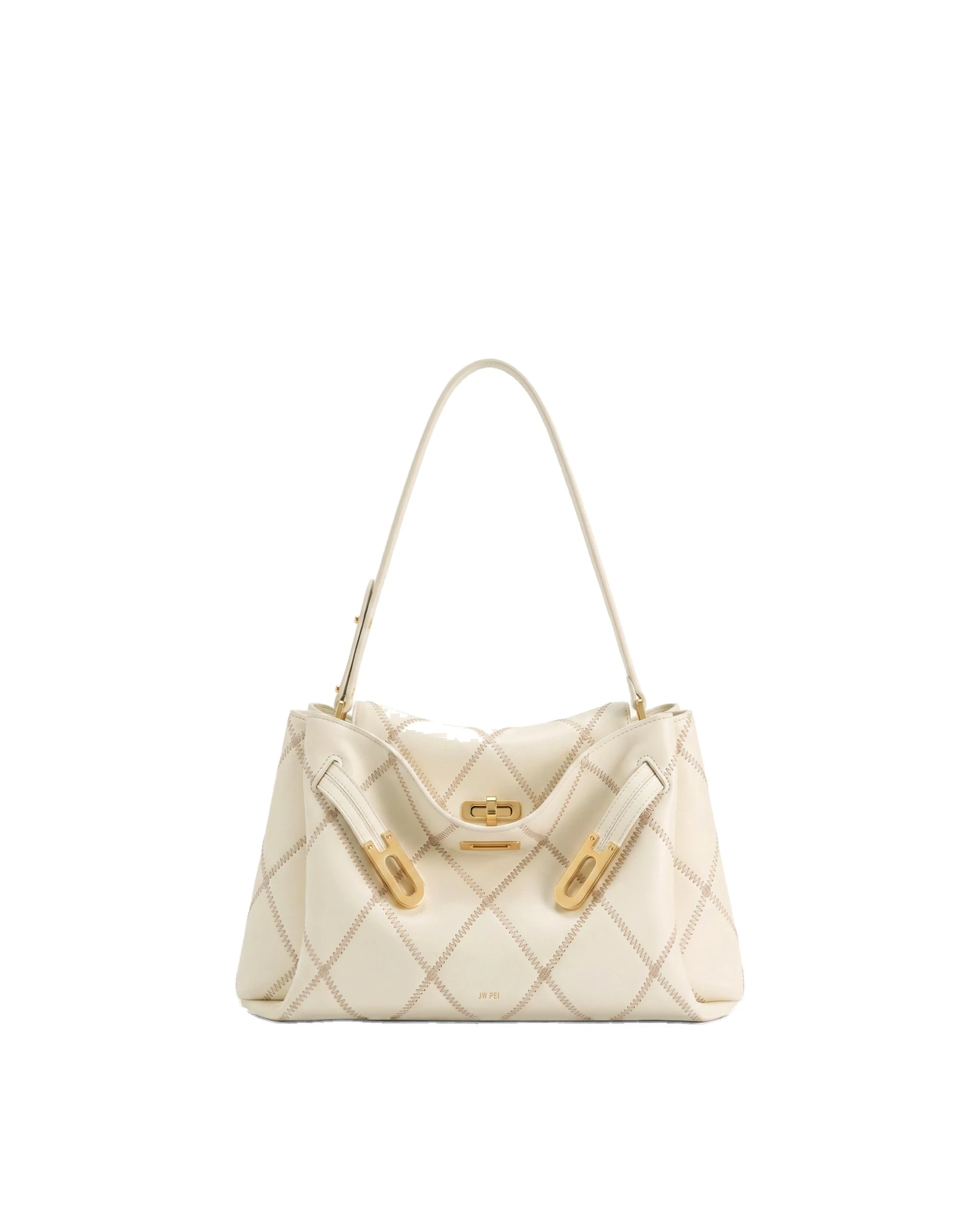 JW PEI Rhea Quilted Double Buckle Shoulder Bag in Warm White | Shoulder & Crossbody Bags | Luxury Shoes JW PEI Rhea Quilted Double Buckle Shoulder Bag in Warm White