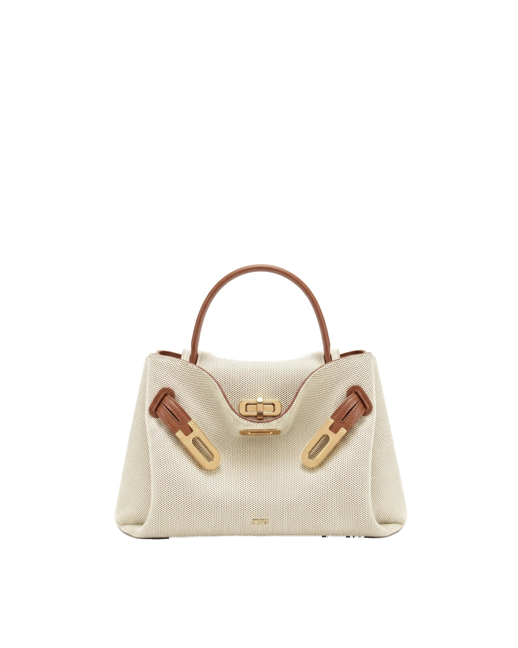 JW PEI Rhea Small Double Buckle Shoulder Bag in Brown Canvas | Mini Bags | Luxury Shoes JW PEI Rhea Small Double Buckle Shoulder Bag in Brown Canvas