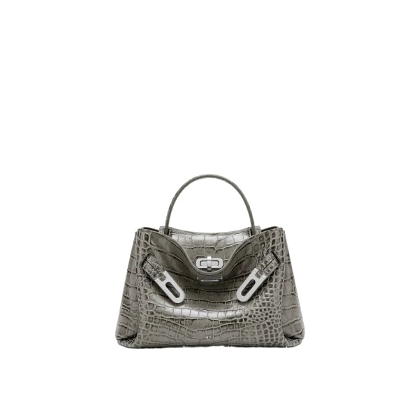 Rhea Small Double Buckle Shoulder Bag in Grey Croc