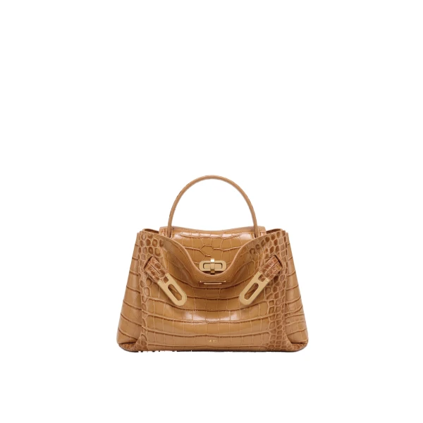 Rhea Small Double Buckle Shoulder Bag in Light Brown Croc