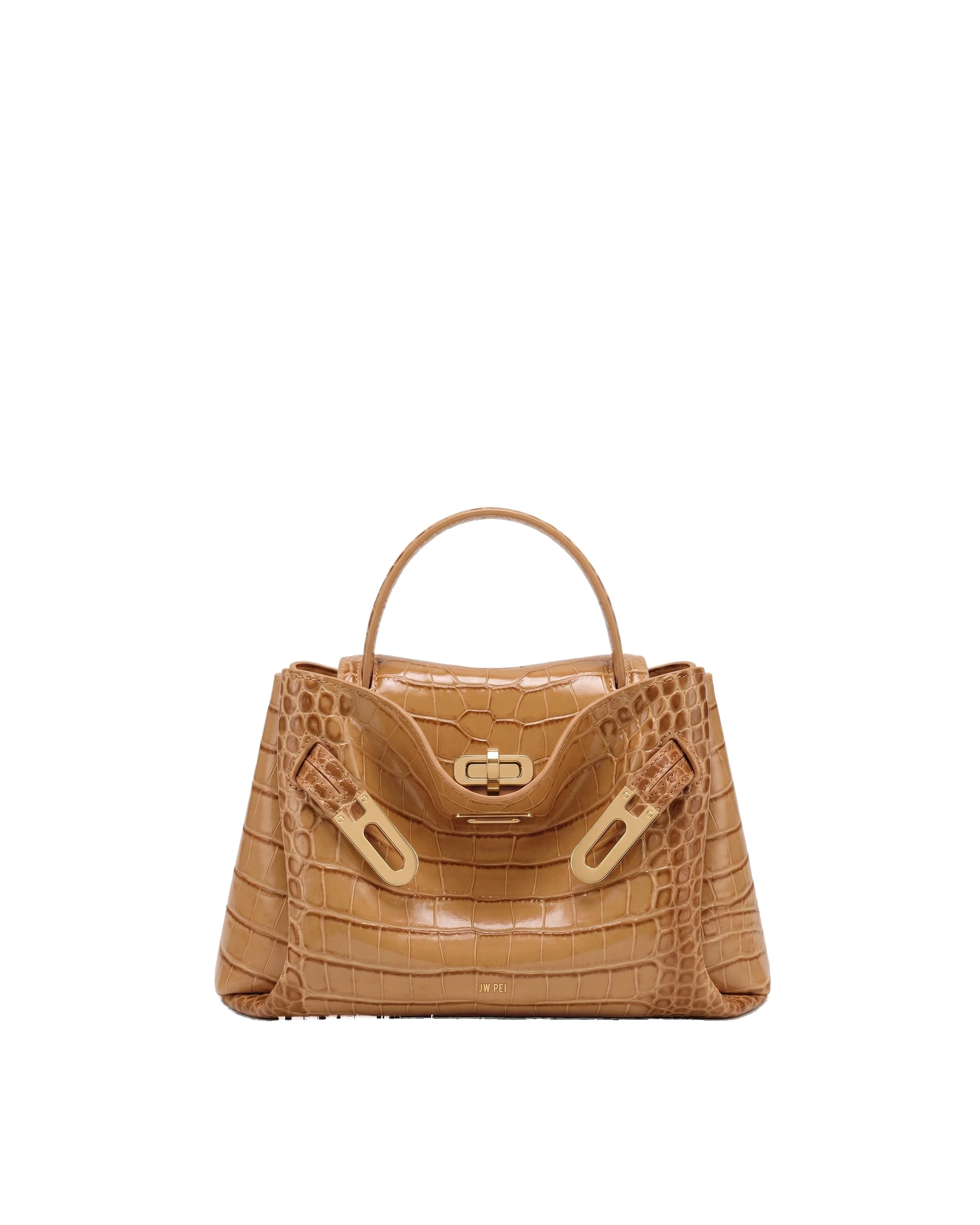 JW PEI Rhea Small Double Buckle Shoulder Bag in Light Brown Croc | Mini Bags | Luxury Shoes JW PEI Rhea Small Double Buckle Shoulder Bag in Light Brown Croc
