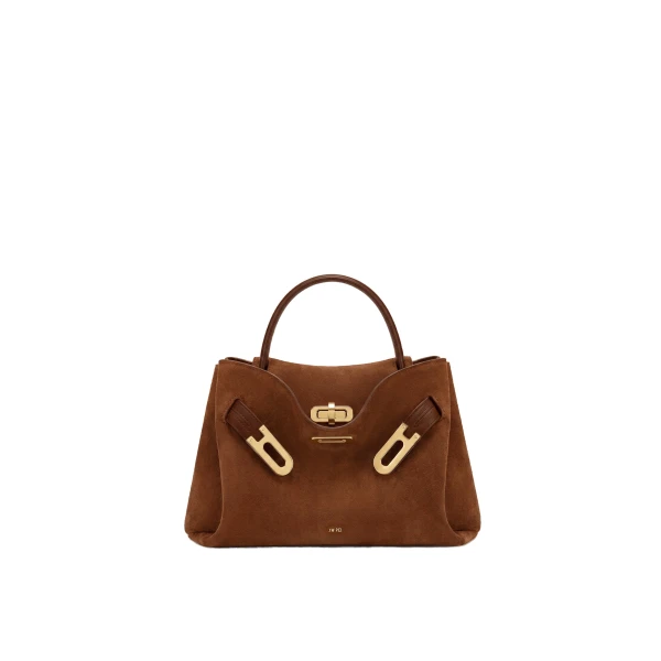 JW PEI Rhea Small Faux Suede Double Buckle Shoulder Bag in Caramel Brown
