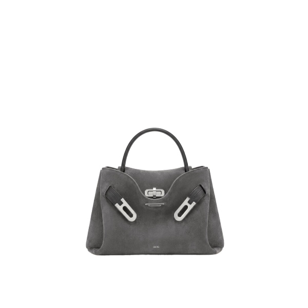 JW PEI Rhea Small Faux Suede Double Buckle Shoulder Bag in Smoke Grey