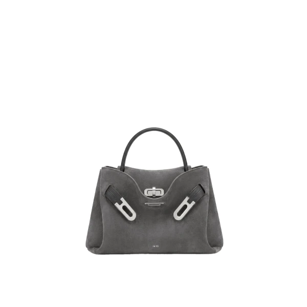 JW PEI Rhea Small Faux Suede Double Buckle Shoulder Bag in Smoke Grey