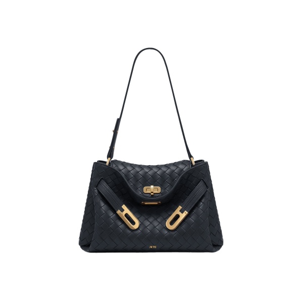 JW PEI Rhea Woven Texture Double Buckle Shoulder Bag in Navy Blue