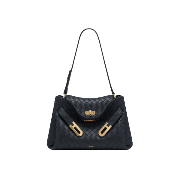 JW PEI Rhea Woven Texture Double Buckle Shoulder Bag in Navy Blue