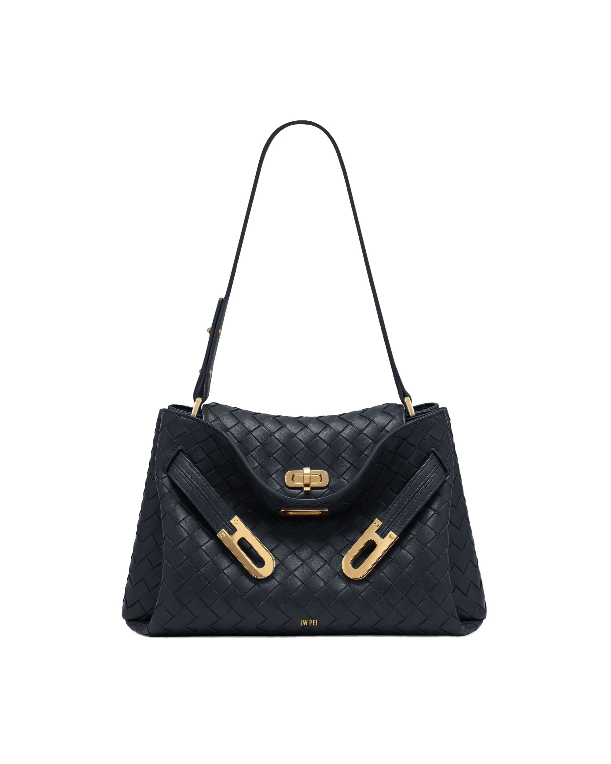 JW PEI Rhea Woven Texture Double Buckle Shoulder Bag in Navy Blue | Shoulder & Crossbody Bags | Luxury Shoes JW PEI Rhea Woven Texture Double Buckle Shoulder Bag in Navy Blue